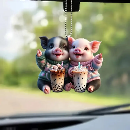 Bubble Tea Twin Pigs Acrylic Ornament - Gift For Pig Lover's