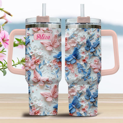 Pink And Blue Butterflies - Personalized Butterfly Tumbler With Handle