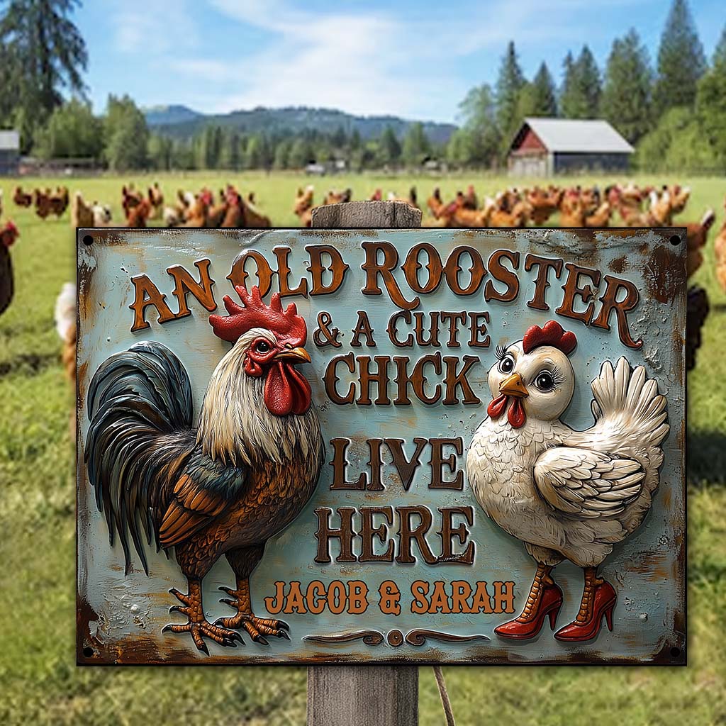 An Old Rooster & A Cute Chick Live Here - Personalized Farmer Rectangle Metal Sign