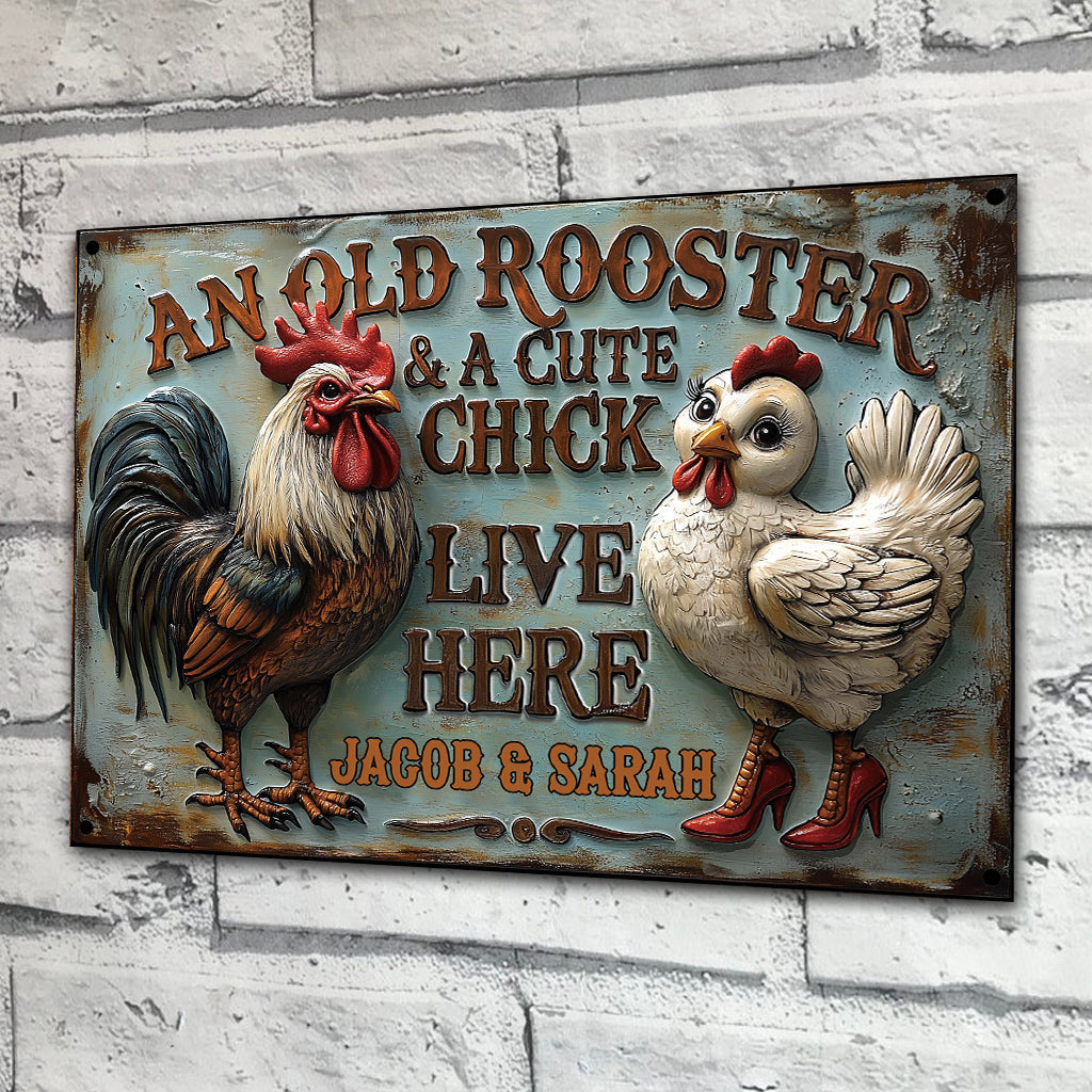 An Old Rooster & A Cute Chick Live Here - Personalized Farmer Rectangle Metal Sign