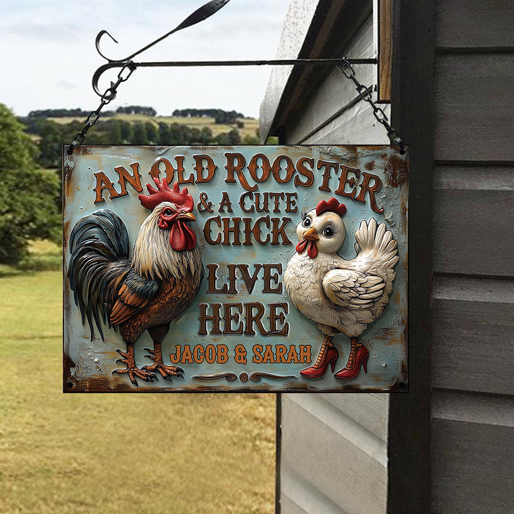 An Old Rooster & A Cute Chick Live Here - Personalized Farmer Rectangle Metal Sign