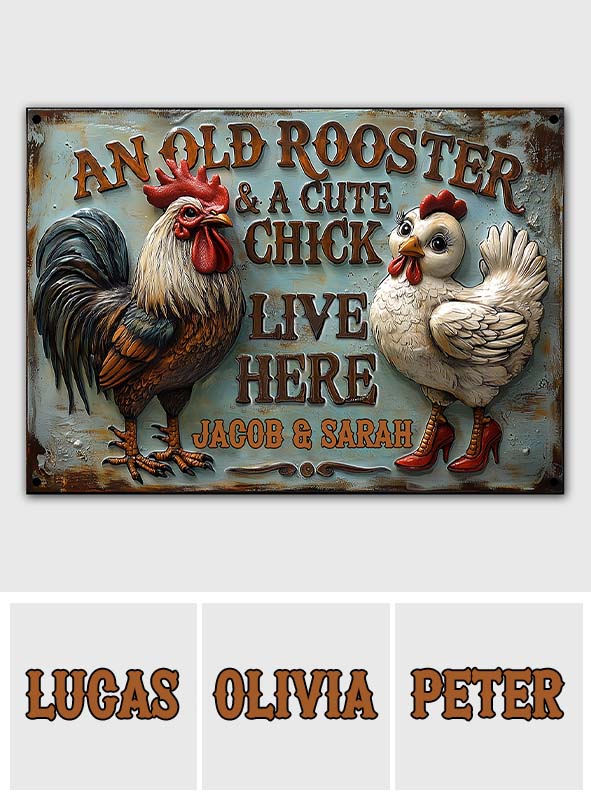 An Old Rooster & A Cute Chick Live Here - Personalized Farmer Rectangle Metal Sign