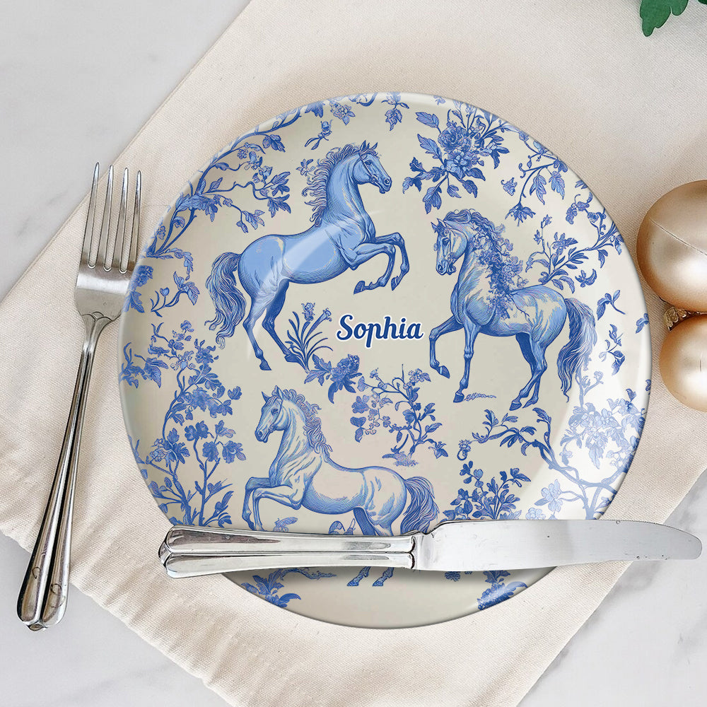 Horse Blue & White - Personalized Horse Ceramic Plate