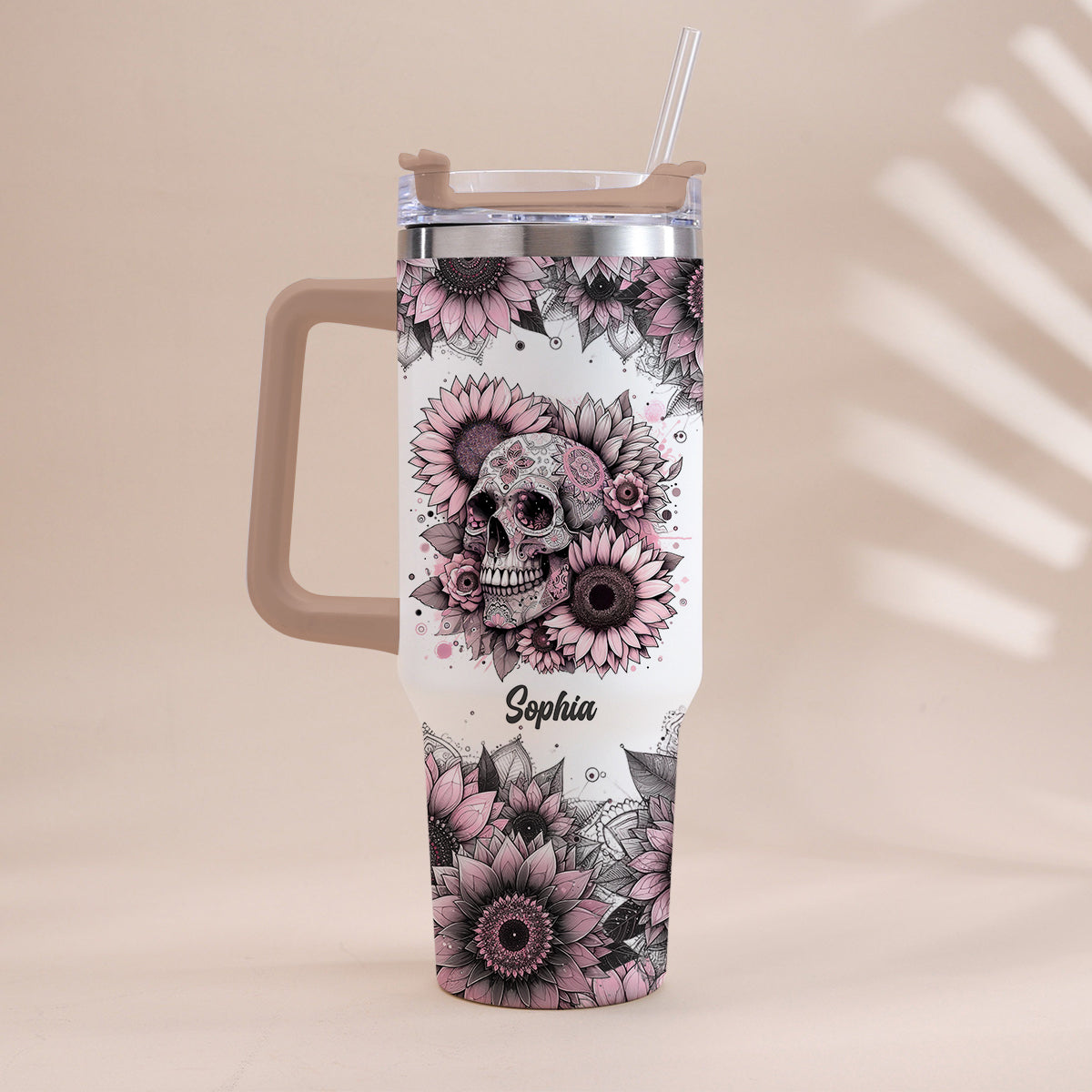 Sunflower Skull - Personalized Skull Tumbler With Handle