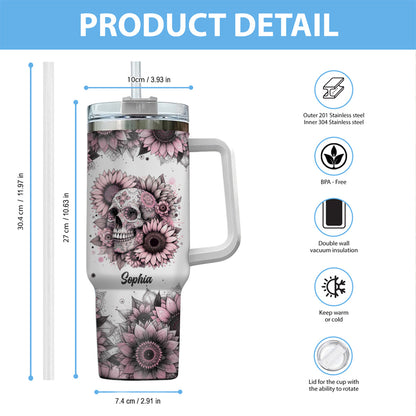 Sunflower Skull - Personalized Skull Tumbler With Handle