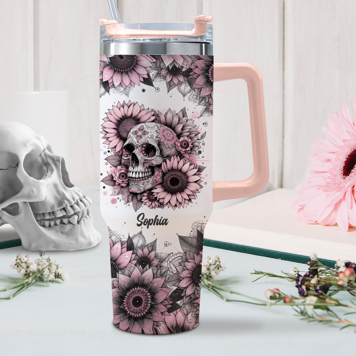 Sunflower Skull - Personalized Skull Tumbler With Handle