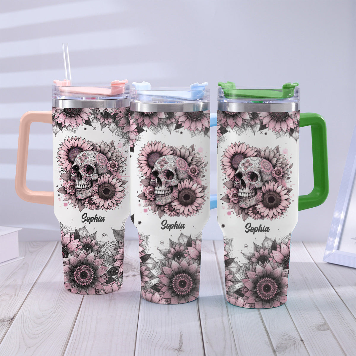 Sunflower Skull - Personalized Skull Tumbler With Handle