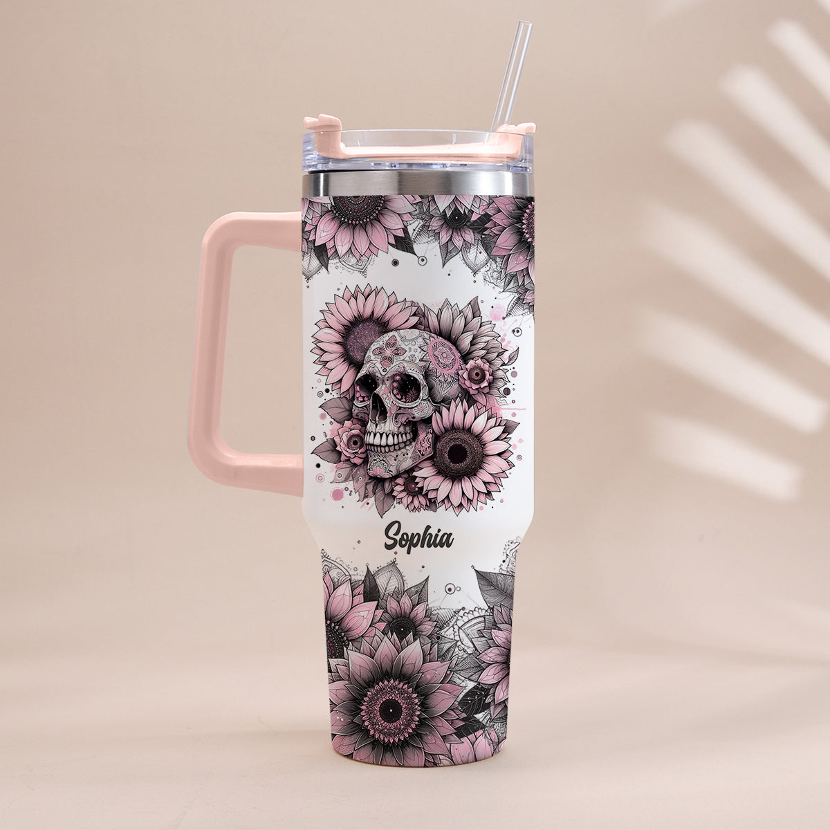 Sunflower Skull - Personalized Skull Tumbler With Handle