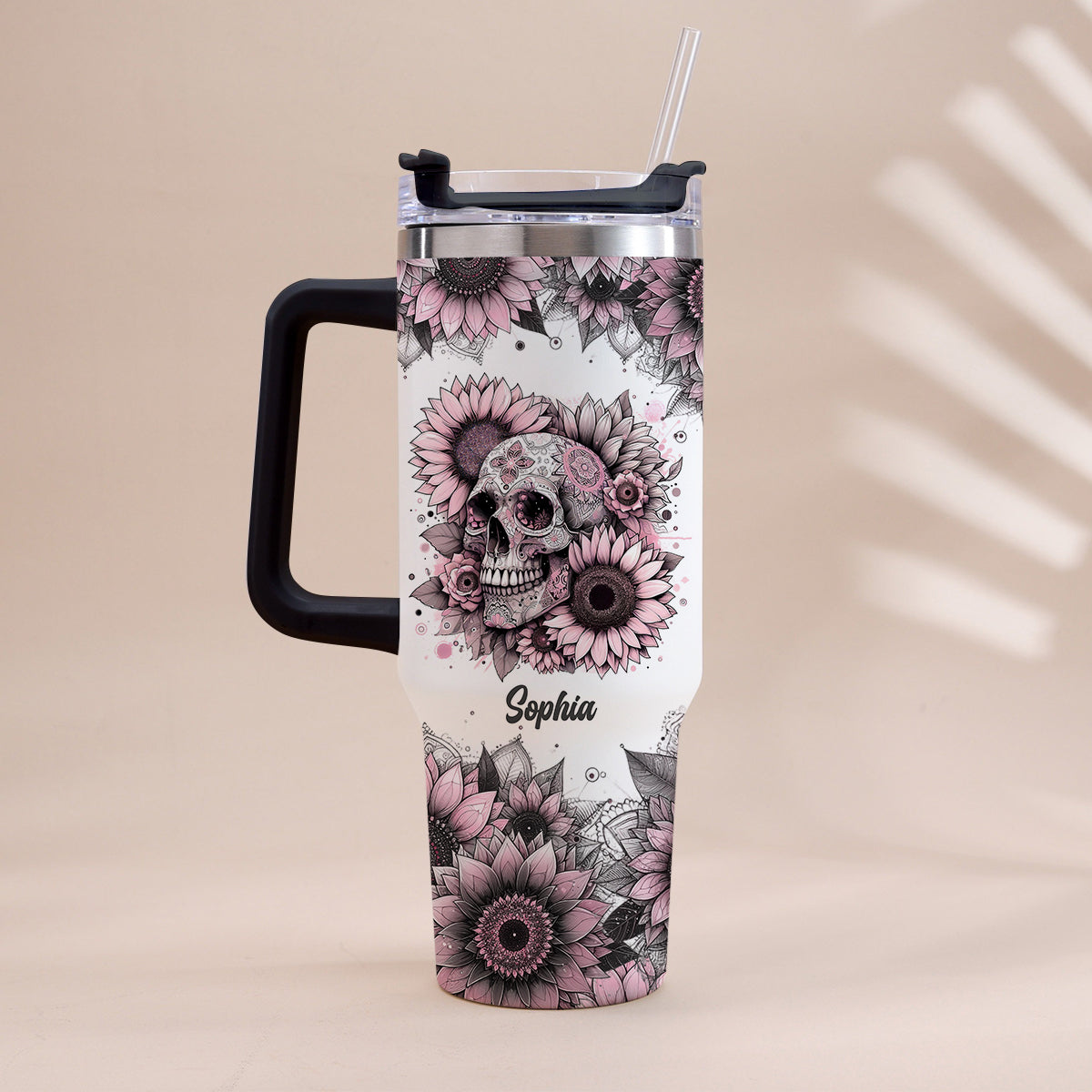 Sunflower Skull - Personalized Skull Tumbler With Handle