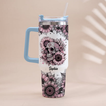 Sunflower Skull - Personalized Skull Tumbler With Handle