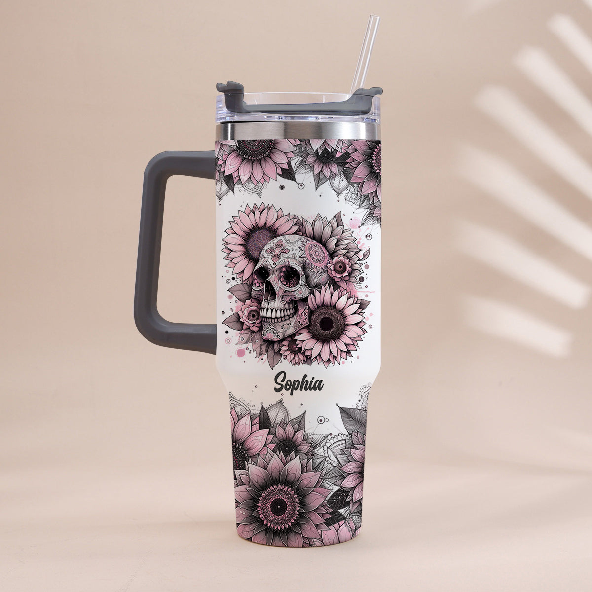 Sunflower Skull - Personalized Skull Tumbler With Handle