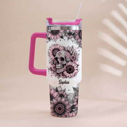 Sunflower Skull - Personalized Skull Tumbler With Handle