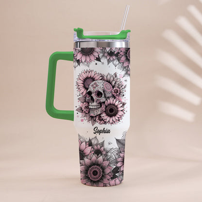 Sunflower Skull - Personalized Skull Tumbler With Handle