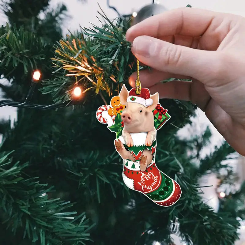 Pig Stocking Christmas Acrylic Ornament - Gift For Pig Lover's