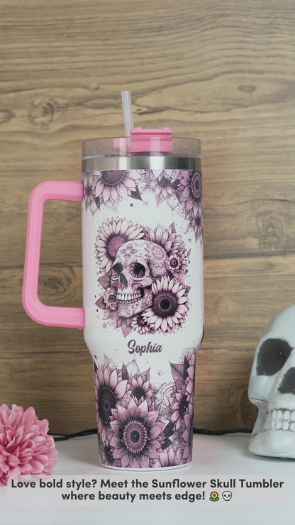 Sunflower Skull - Personalized Skull Tumbler With Handle