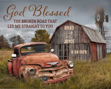 God Blessed The Broken Road Old Barn and Vintage Vehicle Canvas