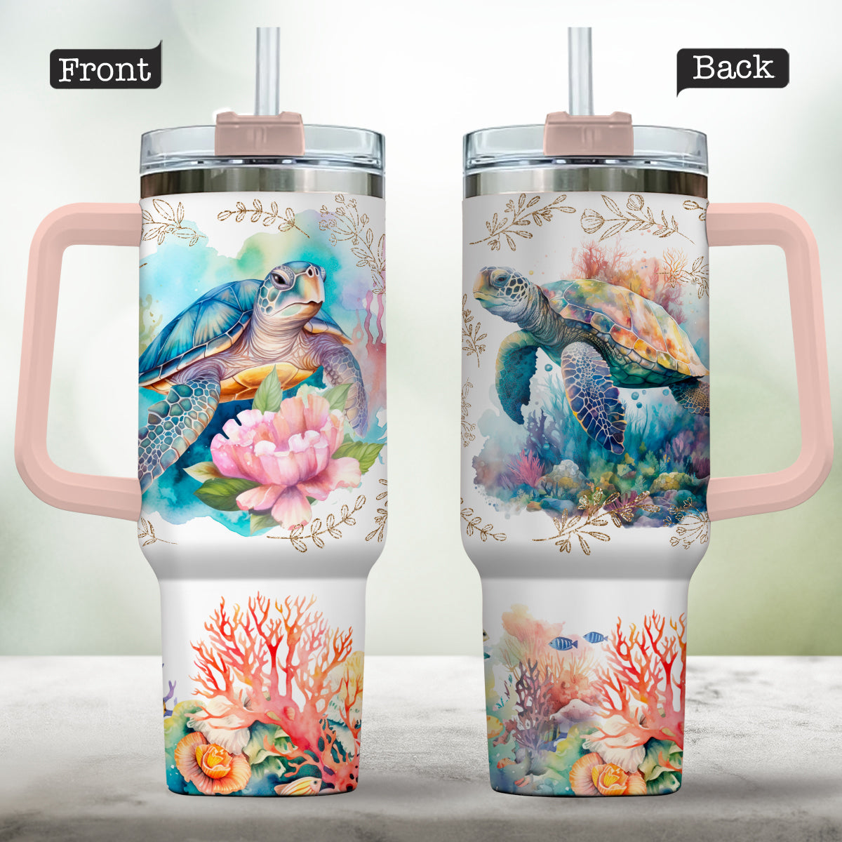 Love Turtles Custom Name - Personalized Turtle Tumbler With Handle