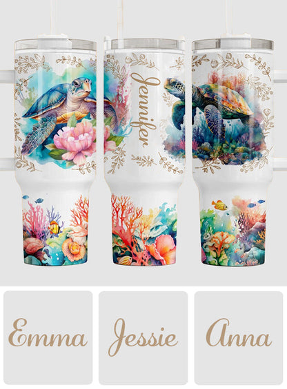 Love Turtles Custom Name - Personalized Turtle Tumbler With Handle