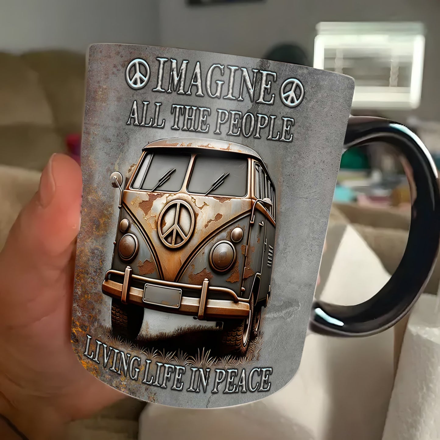 Hippie Bus Imagine All The People Living Life In Peace Accent Mug