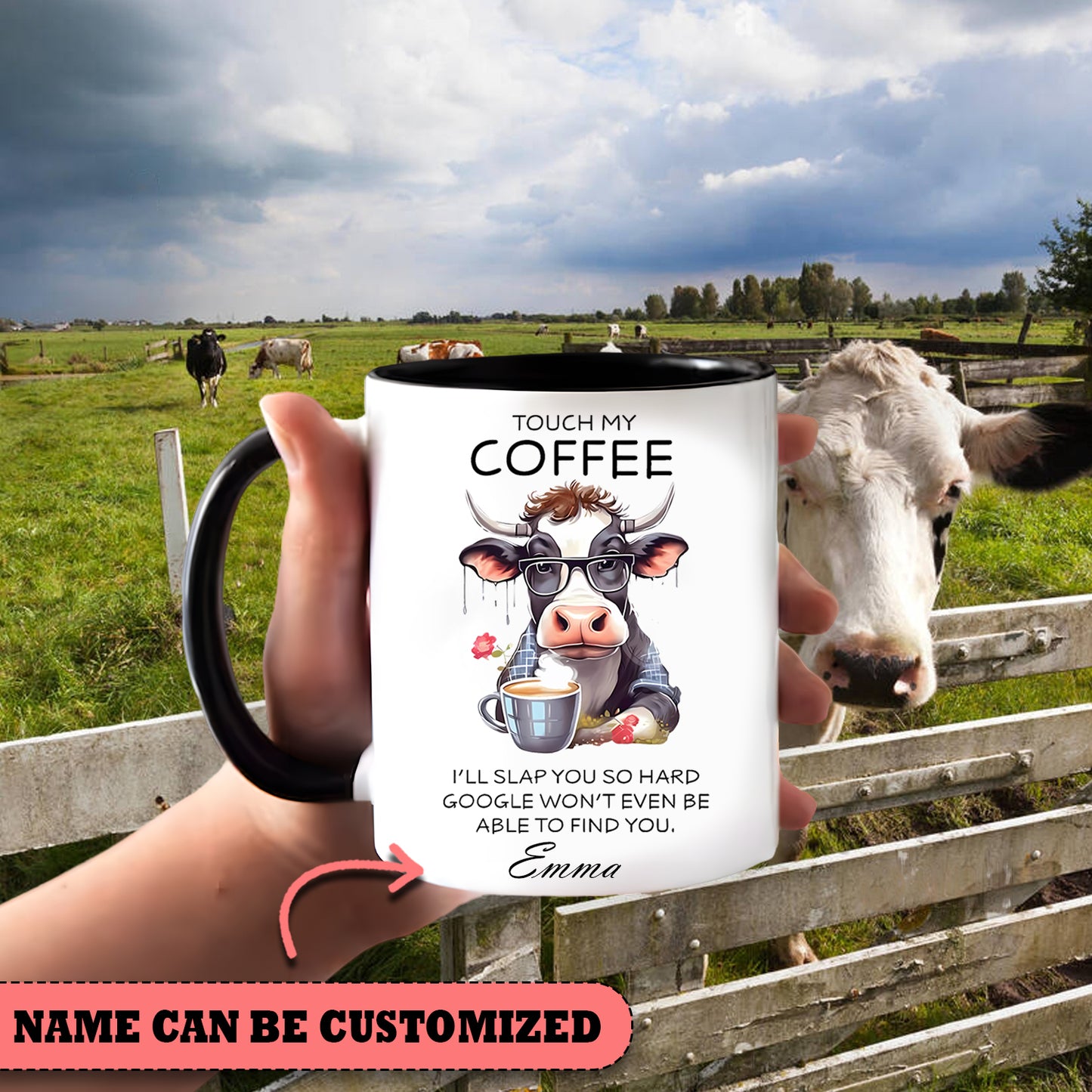 Touch My Coffee - Personalized Cow Accent Mug