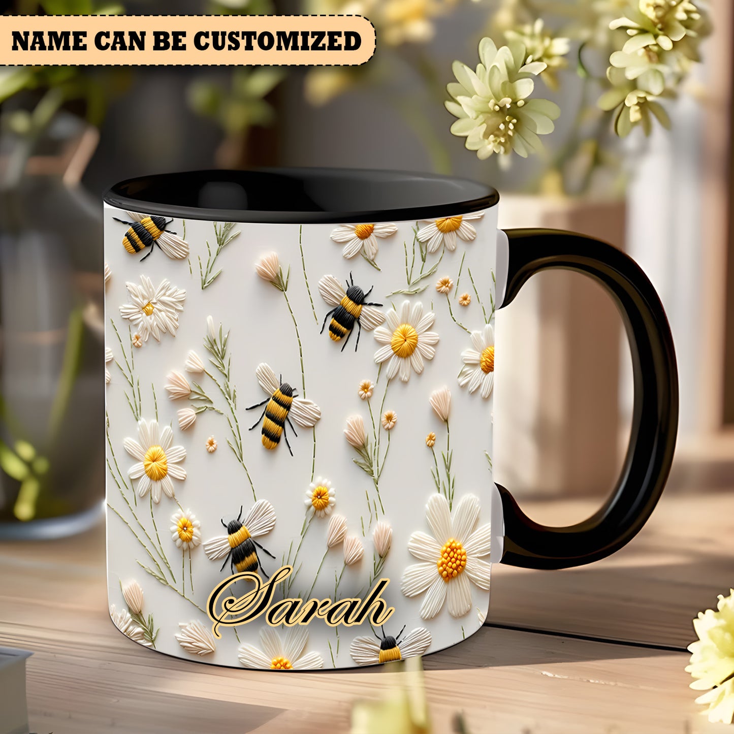 Bee Floral Daisy  - Personalized Bee Accent Mug