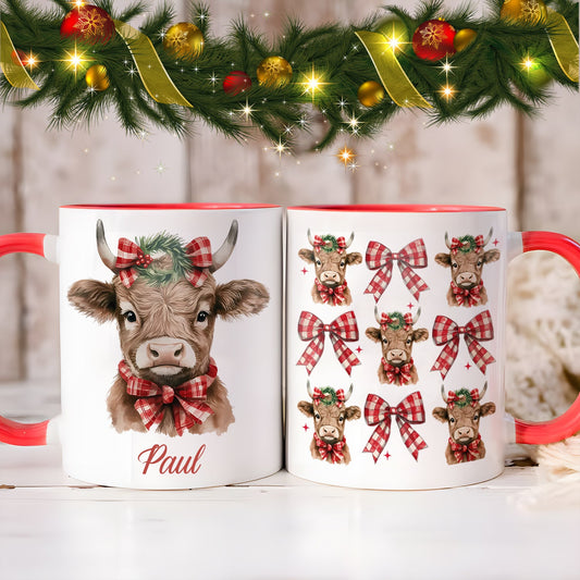 Personalized Christmas Cow Accent Mug with Plaid Bows