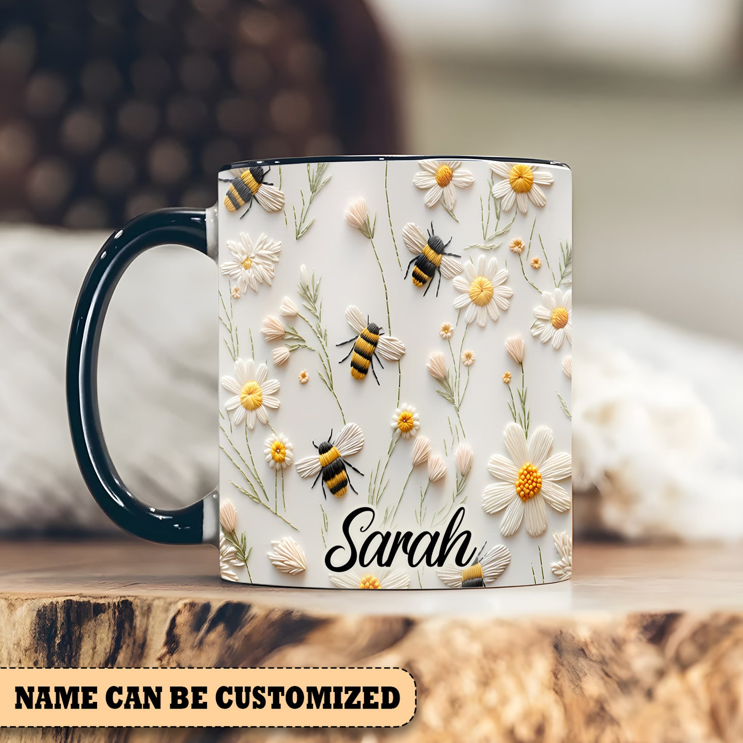 Bee Floral Daisy  - Personalized Bee Accent Mug