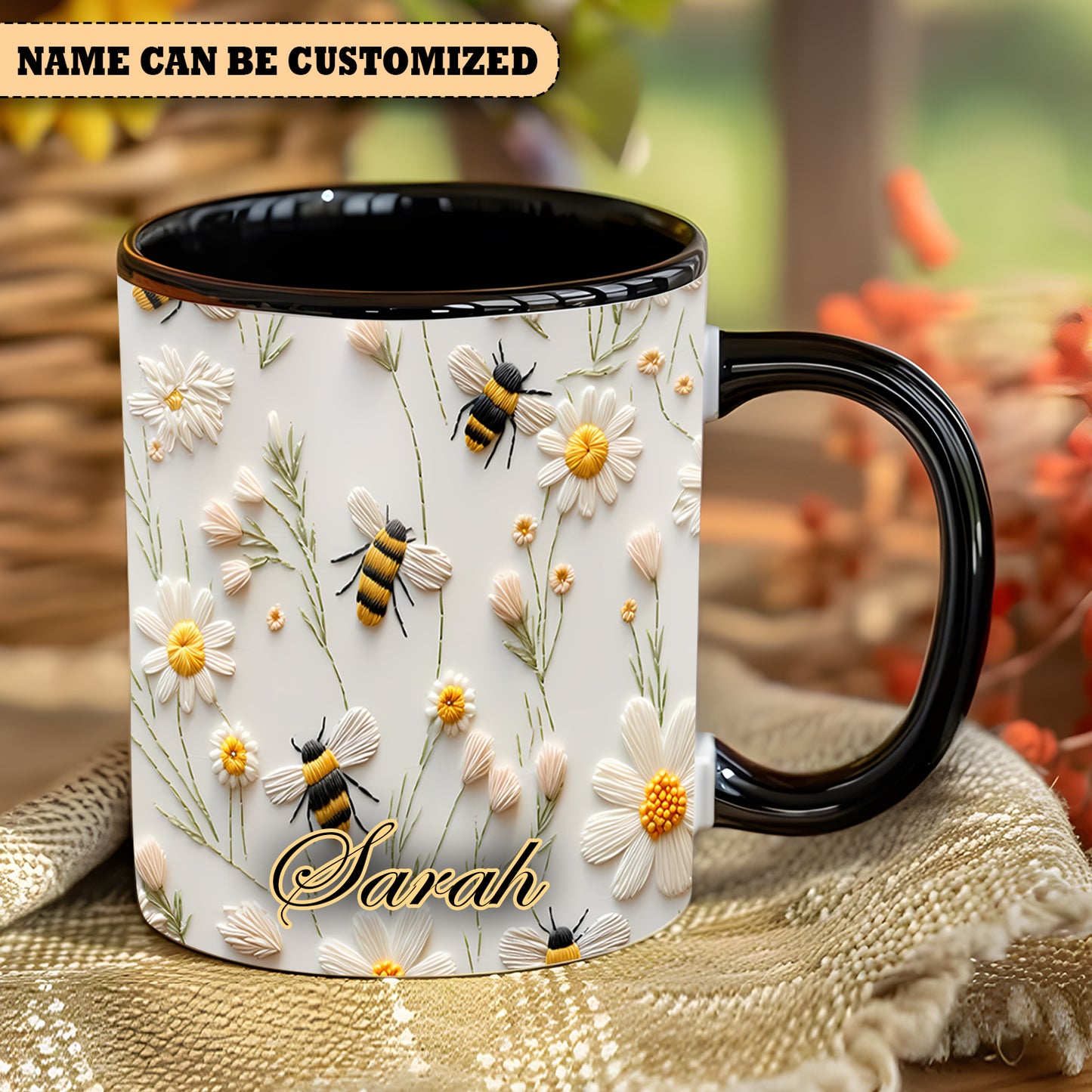 Bee Floral Daisy  - Personalized Bee Accent Mug