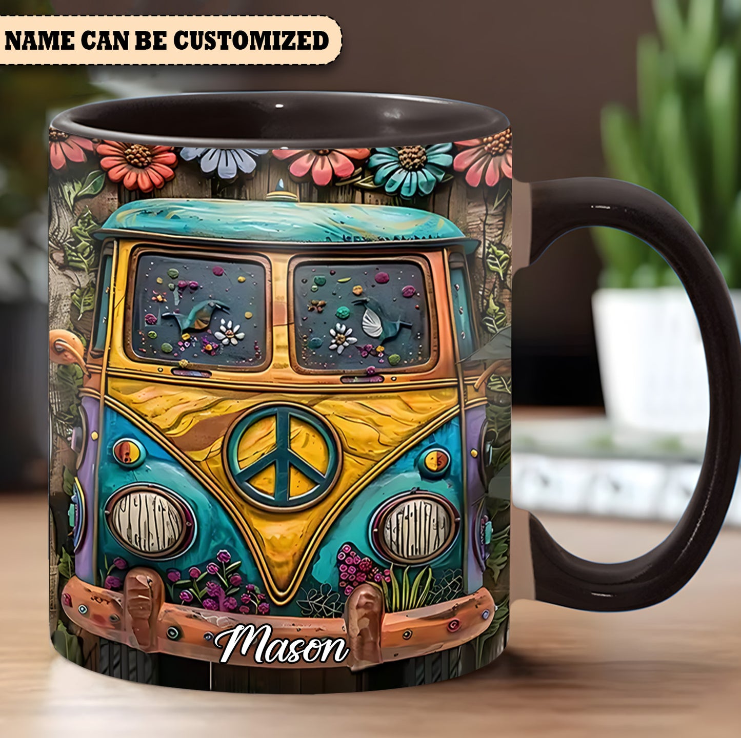 Hippie Bus Flowers - Personalized Hippie Accent Mug