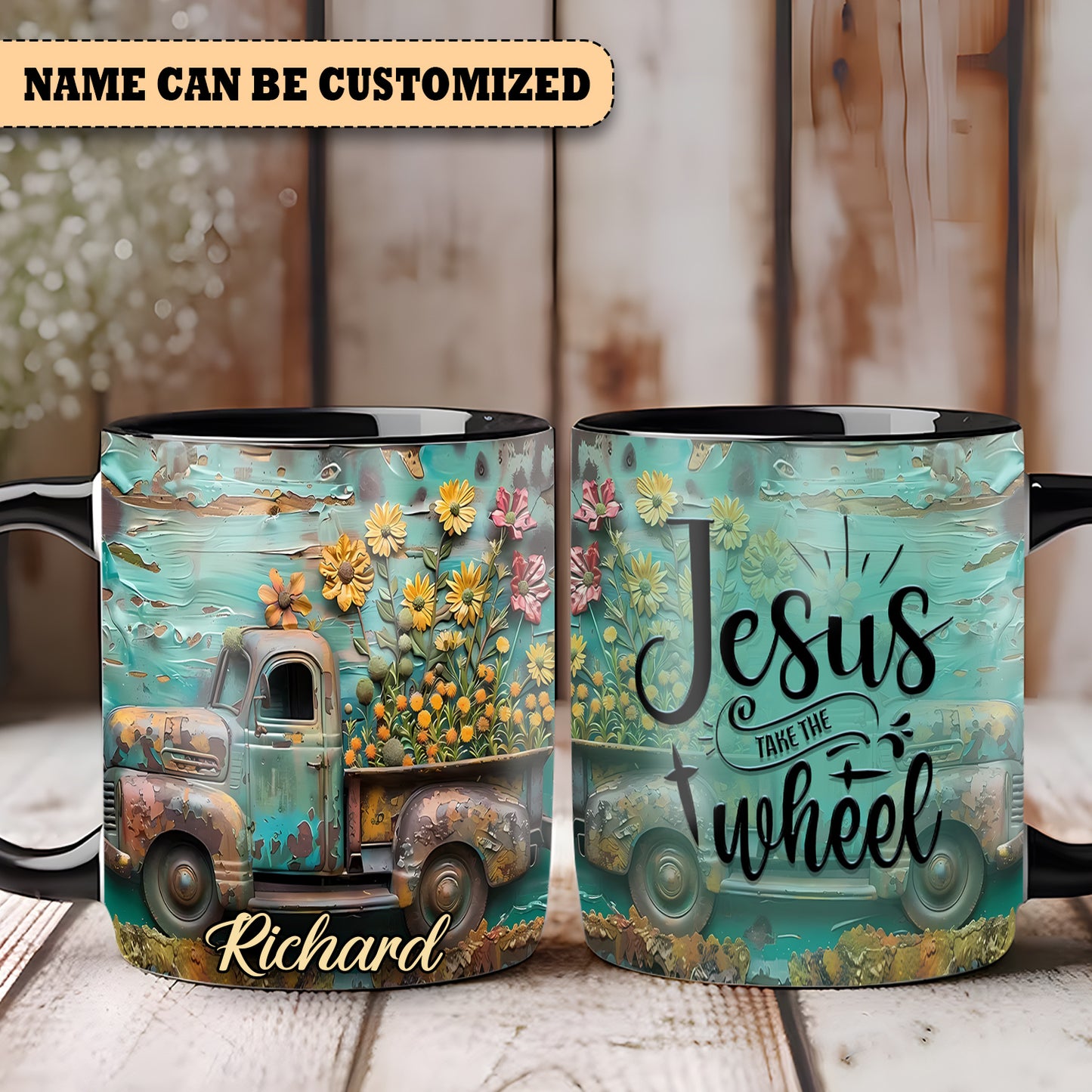 Vintage Truck Jesus Take The Wheel - Personalized Truck Accent Mug