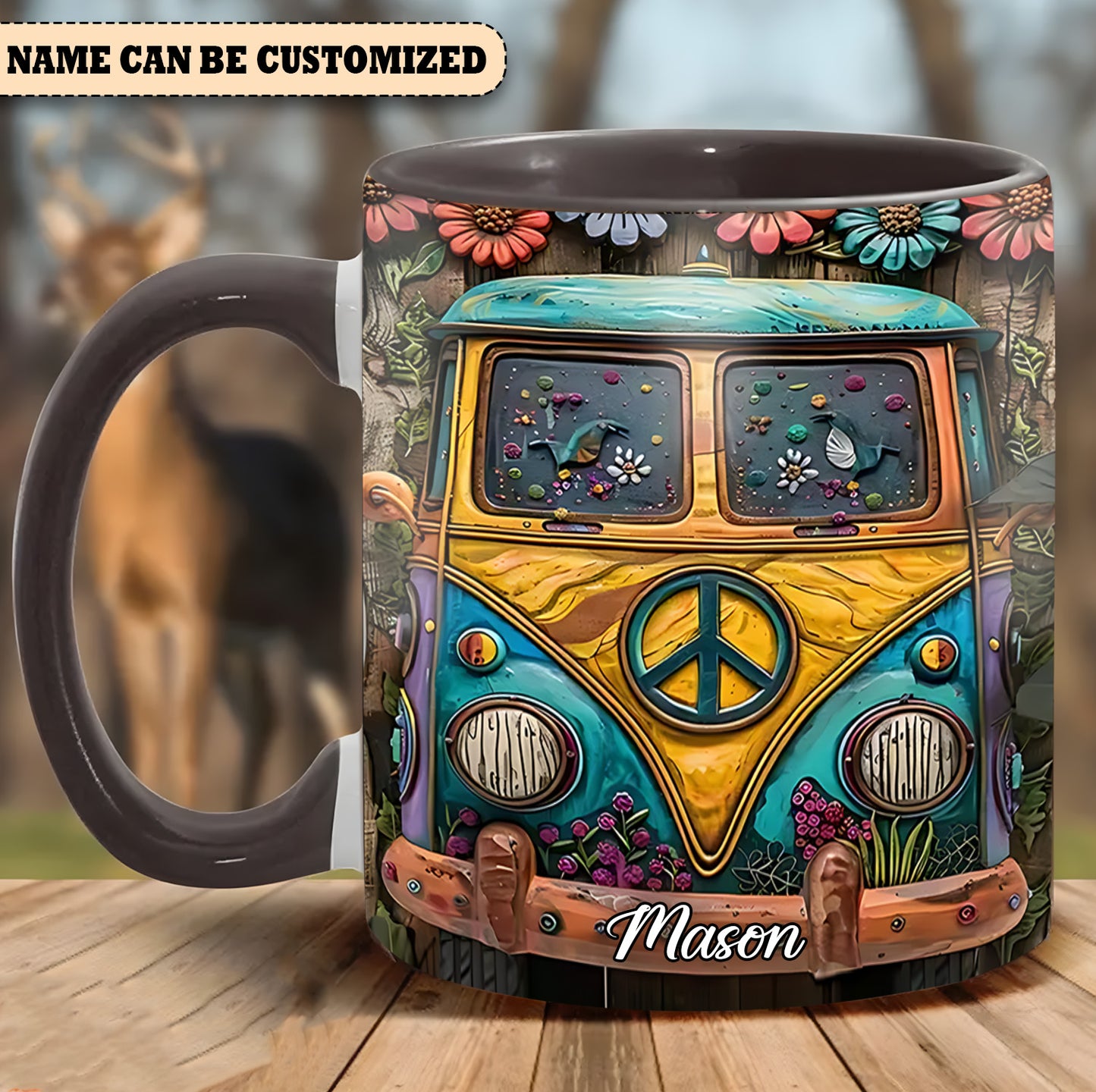 Hippie Bus Flowers - Personalized Hippie Accent Mug