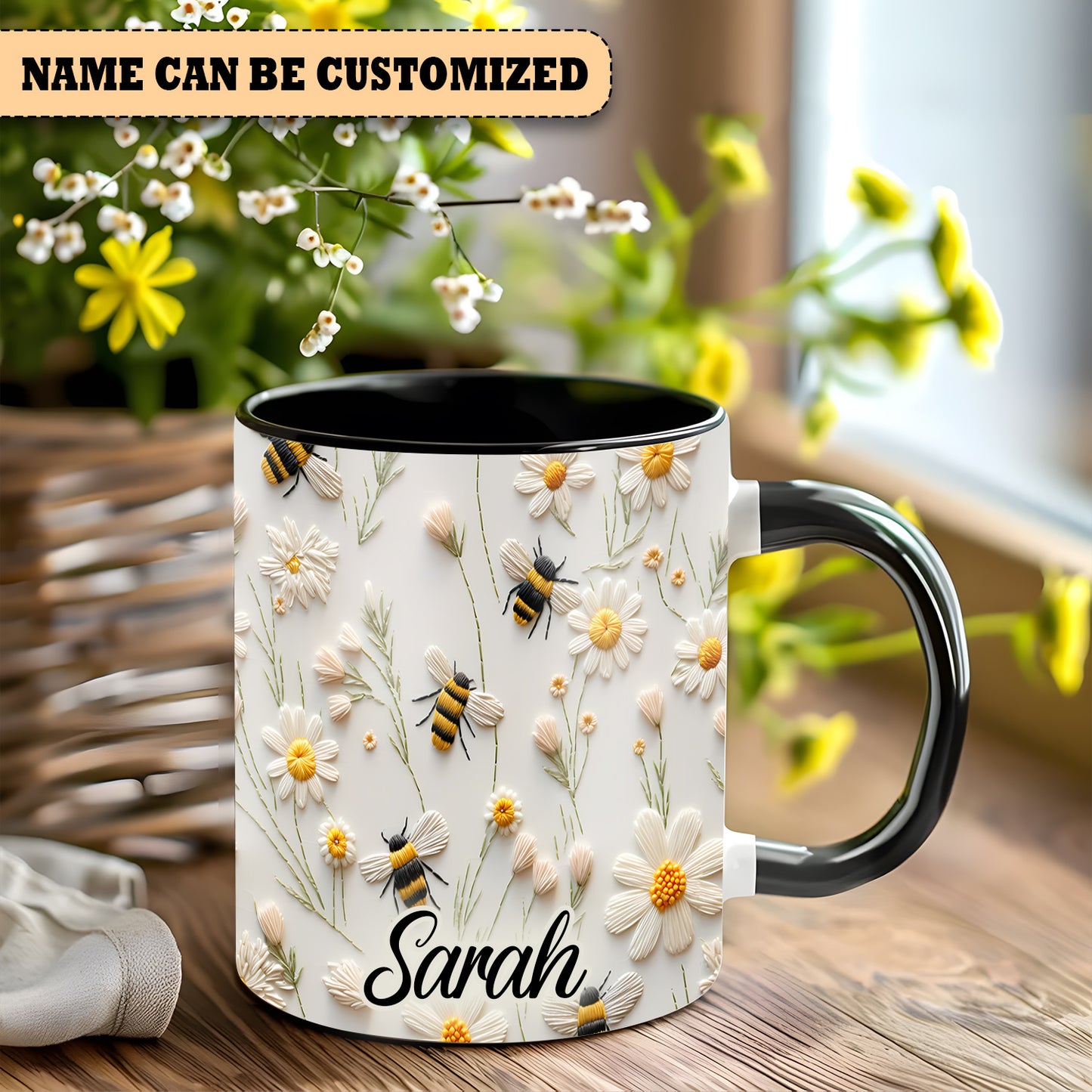 Bee Floral Daisy  - Personalized Bee Accent Mug