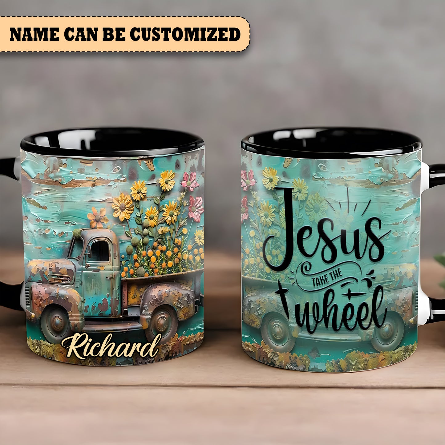 Vintage Truck Jesus Take The Wheel - Personalized Truck Accent Mug