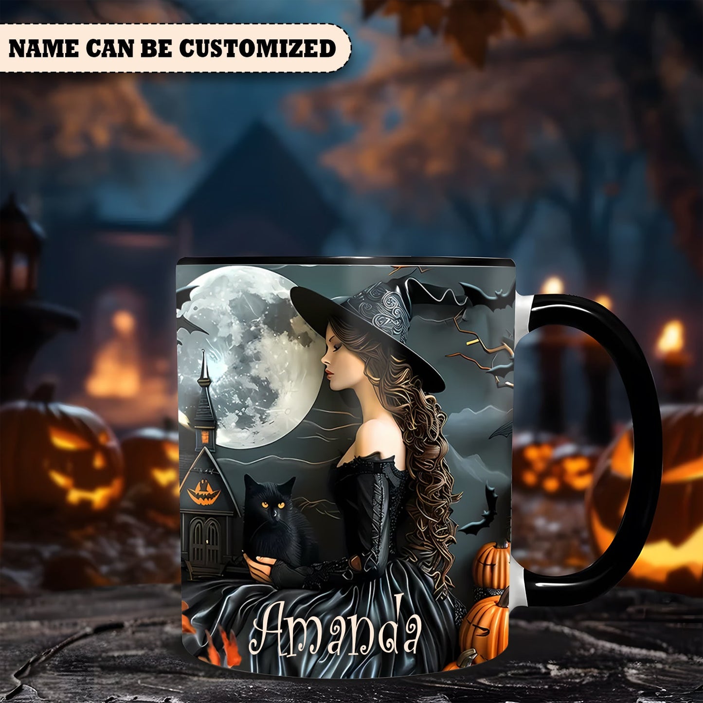 Beautiful Witch And Black Cat Personalized Halloween Accent Mug