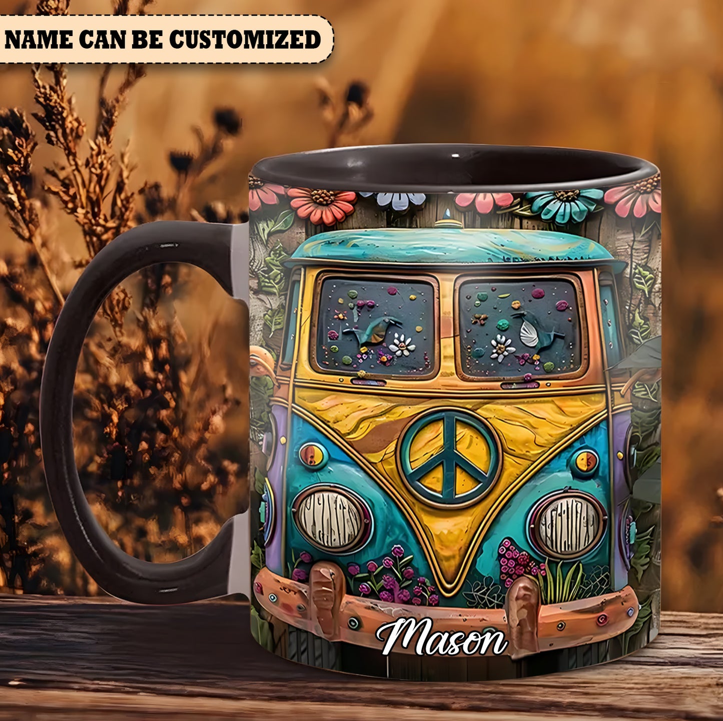 Hippie Bus Flowers - Personalized Hippie Accent Mug