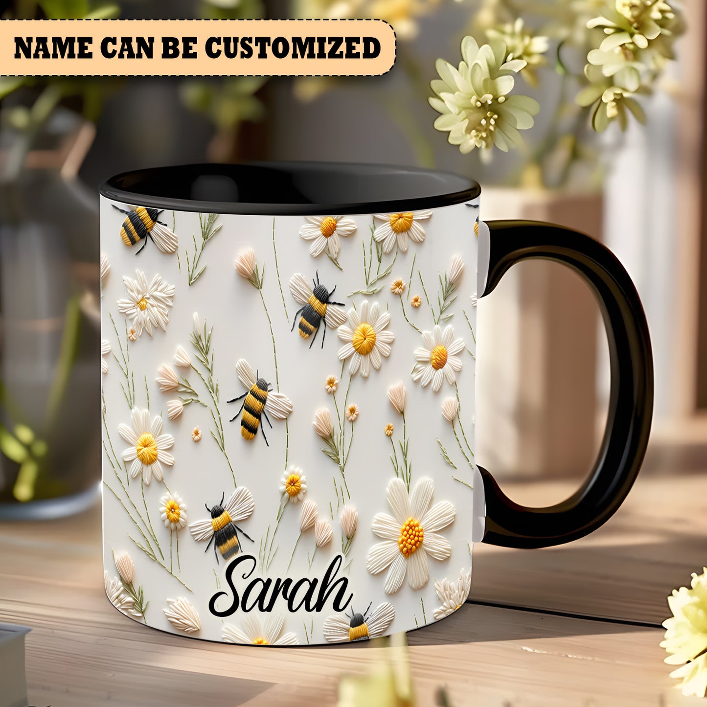 Bee Floral Daisy  - Personalized Bee Accent Mug