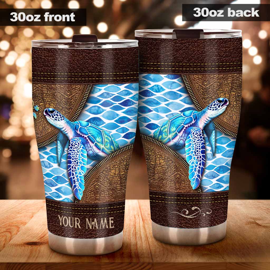 Salty Lil' Beach - Turtle Personalized Leather Pattern Print Tumbler