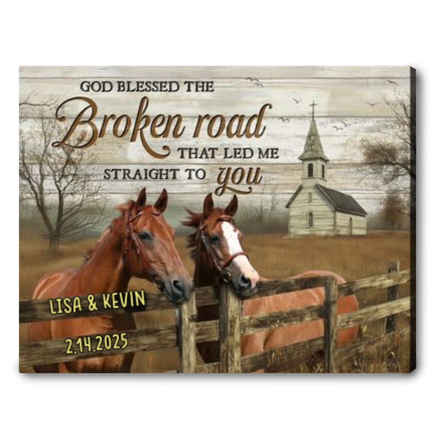 Personalized Horse Couple Canvas With Rustic Church Scene