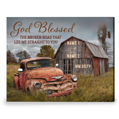 God Blessed The Broken Road Old Barn and Vintage Vehicle Canvas