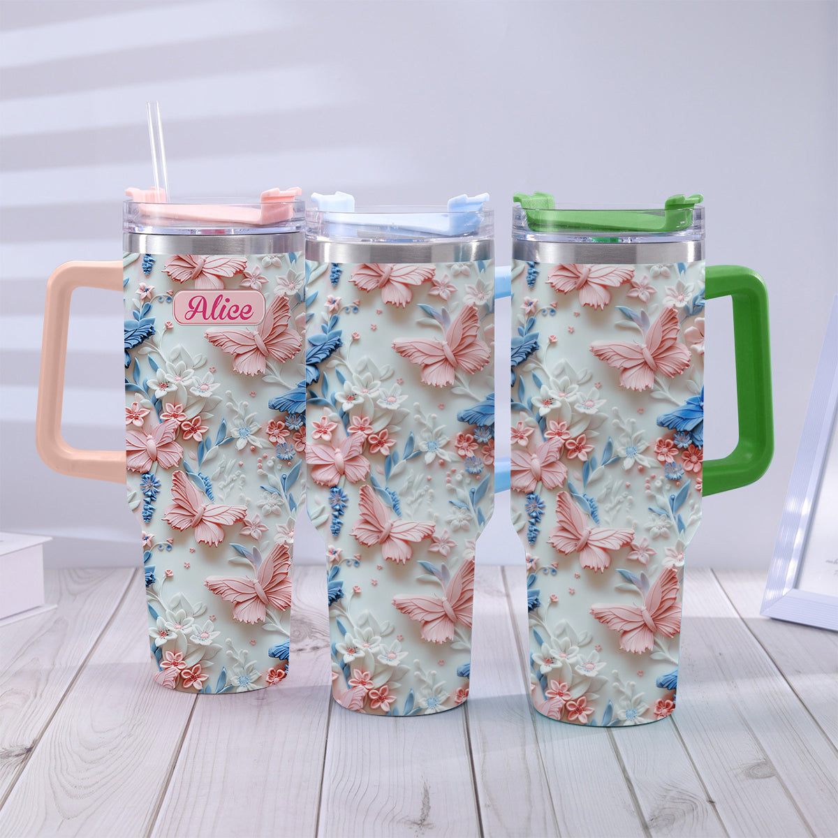 Pink And Blue Butterflies - Personalized Butterfly Tumbler With Handle