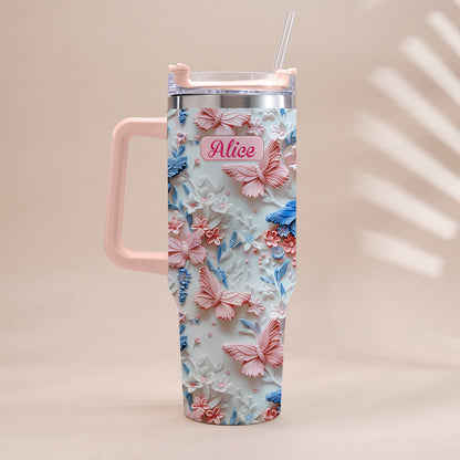 Pink And Blue Butterflies - Personalized Butterfly Tumbler With Handle