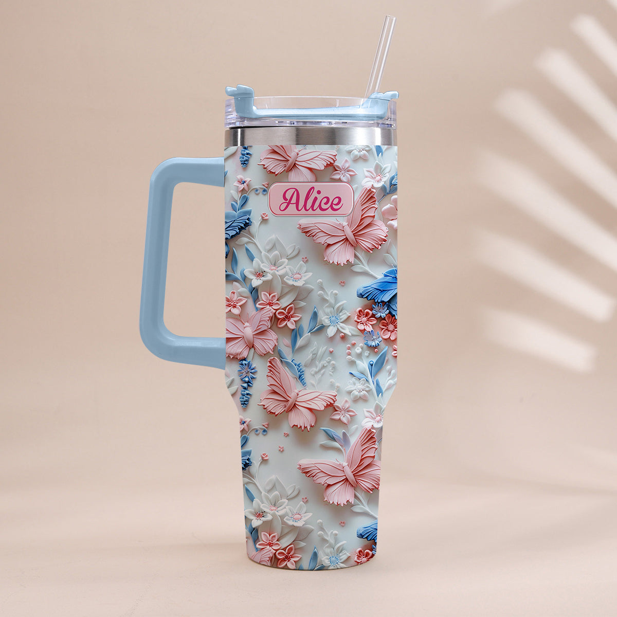 Pink And Blue Butterflies - Personalized Butterfly Tumbler With Handle