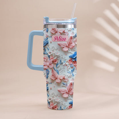 Pink And Blue Butterflies - Personalized Butterfly Tumbler With Handle