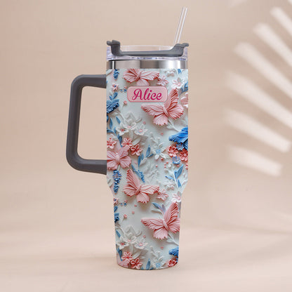 Pink And Blue Butterflies - Personalized Butterfly Tumbler With Handle