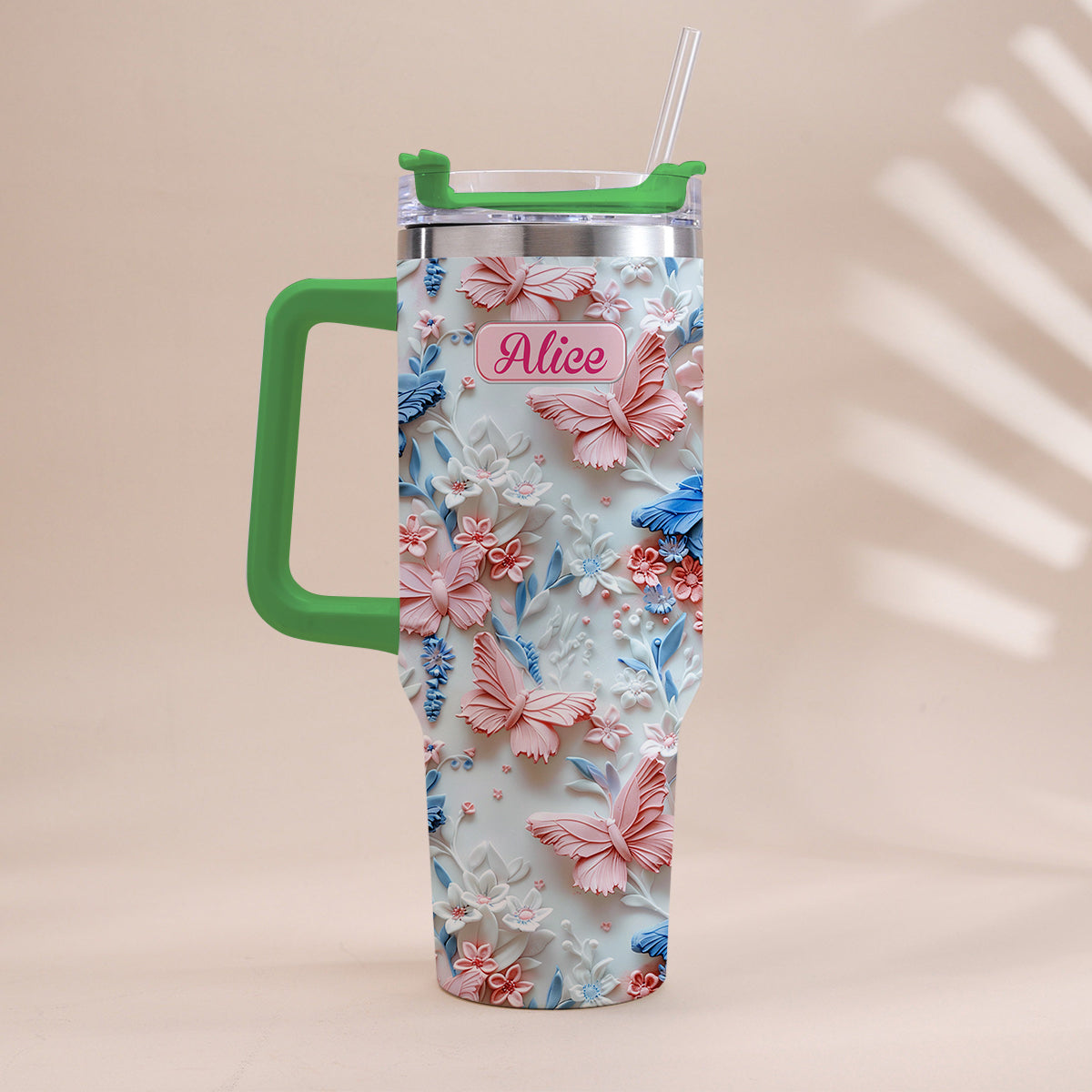 Pink And Blue Butterflies - Personalized Butterfly Tumbler With Handle