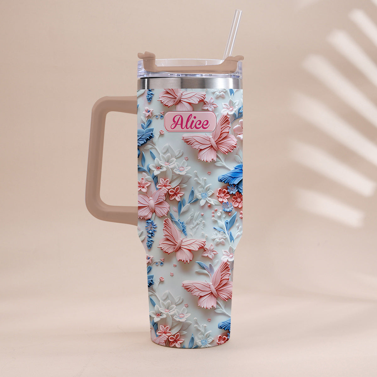 Pink And Blue Butterflies - Personalized Butterfly Tumbler With Handle