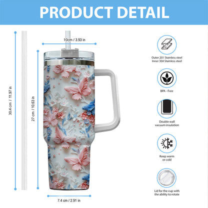 Pink And Blue Butterflies - Personalized Butterfly Tumbler With Handle