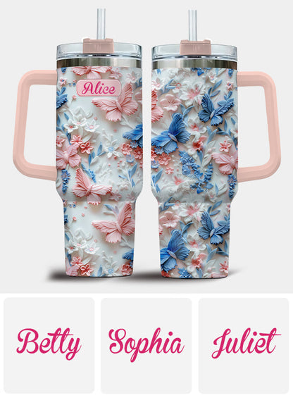 Pink And Blue Butterflies - Personalized Butterfly Tumbler With Handle