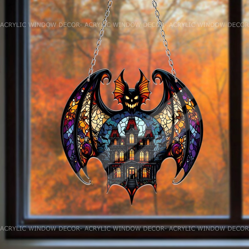 Halloween Bat Haunted House Window Hanging, Spooky Acrylic Halloween Decor, Halloween Night Gift, Acrylic Halloween Sign, Spooky Season