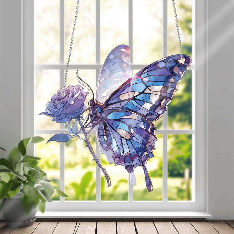 Blue Butterfly And Flower Acrylic Window Hanging, Window Hangings Home Decoration, Gift For Butterfly Lover’s, Gitf For Garden, Home Decor